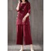 French red cotton clothes For Women Fitted linen wide leg pants two pieces Maxi o neck Chinese Button tops