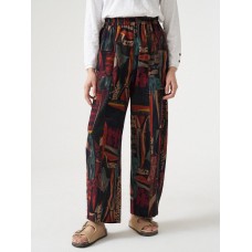 Vintage Print Dual Pocket Elastic Waist Pants For Women