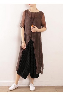 Simple gray linen tops women blouses o neck Knee summer shirt