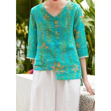 Simple v neck patchwork linen box top Fabrics green prints blouses summer