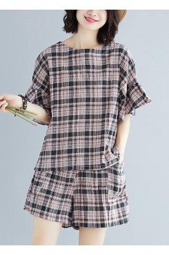 2019 fashion plue size Plaid cotton linen tops and hot pants two pieces summer