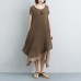 fine long cotton dresses plus size False Two-piece Short Sleeve Coffee Plain Dress