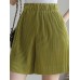 Solid Fold Pleated Pocket Elastic Waist Casual Shorts