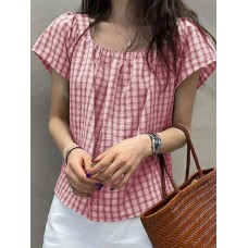 Plaid Square Collar Short Sleeve Casual Blouse