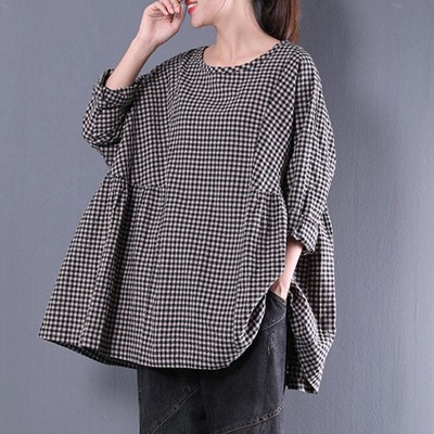 fine cotton blended blouses oversized Casual Round Neck Long Sleeve Spring Lattice Shirt