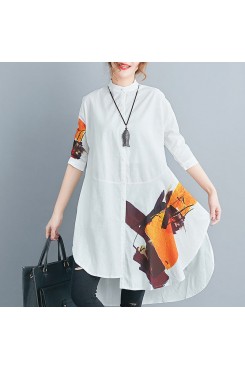 stylish white cotton linen shift plus size tops casual Half sleeve print Stand natural cotton linen tops